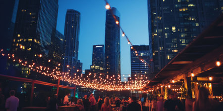 A vibrant city rooftop party at night, with string lights, lively music, people enjoying cocktails, and a panoramic view of skyscrapers glowing in the background. The modern and energetic setting feels festive.の素材