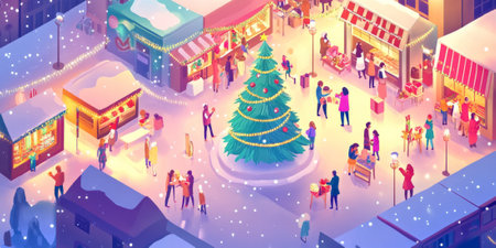 A vibrant city square during a holiday celebration, with a massive Christmas tree, market stalls selling handmade gifts, and people enjoying festive treats. The lively scene feels warm and joyful.の素材