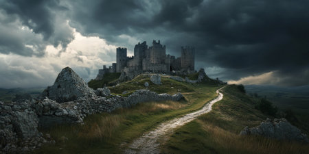 A dramatic view of an ancient castle perched on a rocky hill, with storm clouds gathering in the sky, and a winding path leading to the fortress. The historical and foreboding scene feels timeless.の素材