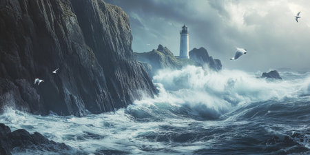 A dramatic Scottish coastline, with rugged cliffs battered by crashing waves, a lighthouse standing steadfast against the storm, and seagulls braving the winds. The wild and powerful scene feels exhilarating.の素材