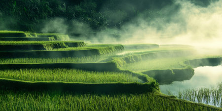 A tranquil rice terrace in Bali, with lush green steps reflecting the morning light, water flowing gently between the paddies, and mist rising from the valley below. The serene and picturesque setting feels enchanting.の素材