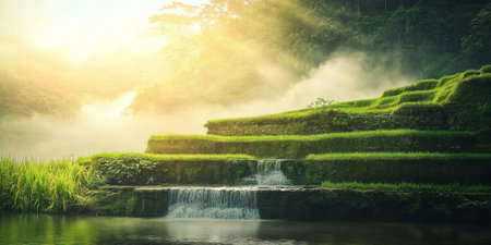 A tranquil rice terrace in Bali, with lush green steps reflecting the morning light, water flowing gently between the paddies, and mist rising from the valley below. The serene and picturesque setting feels enchanting.の素材