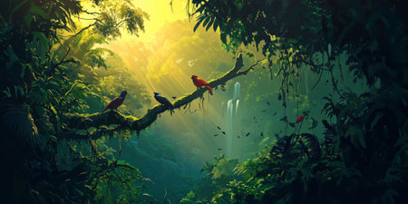 A dramatic rainforest canopy at sunrise, with sunlight streaming through thick foliage, vibrant birds perched on branches, and the sound of distant waterfalls. The lush and alive setting feels magical.の素材