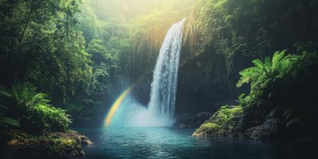 A dramatic rainforest waterfall, with water thundering down a steep cliff into a pool surrounded by lush vegetation, and a rainbow forming in the mist. The powerful and pristine setting feels alive.の素材