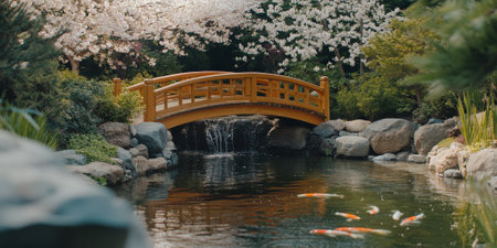 A tranquil Japanese tea garden in spring, with cherry blossoms in full bloom, a wooden bridge arching over a koi pond, and the soft sound of a waterfall. The peaceful and harmonious scene feels meditative.の素材