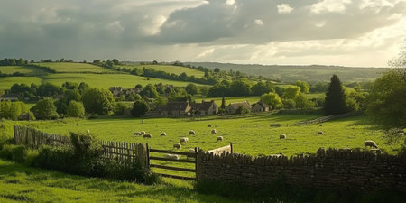 A tranquil countryside in England, with rolling green hills, stone fences, grazing sheep, and a quaint village in the distance under a cloudy sky. The peaceful setting feels charming and timeless.の素材