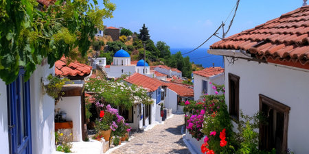 A vibrant Greek island village, with whitewashed houses and blue-domed roofs, colorful flowers lining narrow streets, and the sparkling Aegean Sea in the background. The charming and picturesque scene feels romantic.の素材
