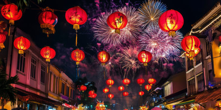 A vibrant street celebration during a Chinese New Year festival, with dragon dancers, red lanterns glowing, and fireworks lighting up the night sky. The colorful and lively atmosphere feels joyous.の素材
