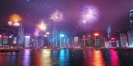 A vibrant New Year's celebration in a bustling city, with fireworks exploding over the skyline, confetti raining down on cheering crowds, and the glow of illuminated skyscrapers. The festive and electric scene feels exhilarating.の素材