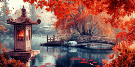 A vibrant traditional Japanese garden in autumn, with fiery red maple leaves, a stone lantern by a koi pond, and a small wooden bridge crossing over the water. The serene and cultural setting feels harmonious.の素材