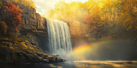 A dramatic waterfall cascading over a rocky cliff, with mist rising into the air, a rainbow forming in the spray, and the surrounding forest glowing in golden sunlight. The majestic and serene setting feels awe-inspiring.の素材