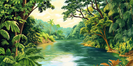 A tranquil river winding through a dense jungle, with lush green trees arching over the water, and the sound of exotic wildlife echoing in the distance. The untouched and vibrant setting feels alive.の素材