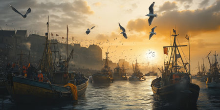 A bustling harbor at dawn, with fishing boats preparing to depart, seagulls circling above, and the first light of the day illuminating the water. The lively and industrial scene feels authentic.の素材
