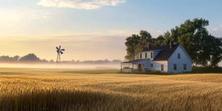 A serene rural farmhouse at dawn, surrounded by fields of golden wheat, a windmill slowly turning in the distance, and soft morning mist hanging in the air. The tranquil and timeless setting feels peaceful and grounding.の素材