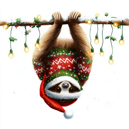 A joyful sloth in a festive sweater and Santa hat, hanging upside down from a snowy branch wrapped in Christmas lights. On white background. Illustration.の素材