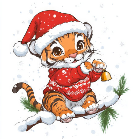A smiling tiger cub in a holiday sweater and Santa hat, holding a small bell while sitting on a snowy branch. The festive atmosphere is full of warmth. On white background. Illustration.の素材