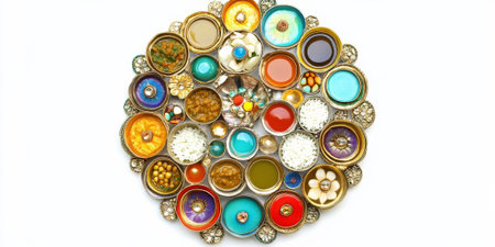 A colorful Indian thali plate, with small bowls of dal, vegetable curry, rice, chapati, pickles, and a sweet dessert, served on a traditional steel platter. The vibrant mix of textures and flavors looks mouthwatering and authentic.の素材