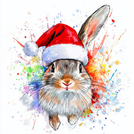 A fluffy rabbit in a red Santa hat, surrounded by colorful splashes and soft snowflakes, spreads holiday charm and cheer. On white background. Illustration.の素材