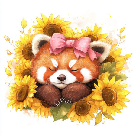 A sweet red panda wearing a pink bow rests among glowing sunflowers, its soft fur complementing the sunny blooms. On white background. Illustration.の素材
