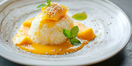 A vibrant Thai mango sticky rice dessert, with sweet ripe mango slices, sticky glutinous rice, and creamy coconut sauce, garnished with sesame seeds on a white ceramic plate. The dish looks tropical and indulgent.の素材