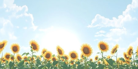 A vibrant sunflower field under a bright summer sky. The tall yellow flowers sway gently in the breeze, creating a cheerful and lively atmosphere.の素材