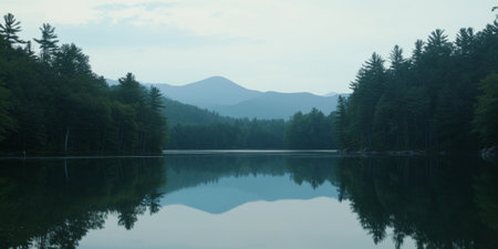 A serene lake surrounded by a thick pine forest, with mountains towering in the background. The water is so calm that it perfectly mirrors the scenery, creating a peaceful and picturesque reflection of the natural world.の素材