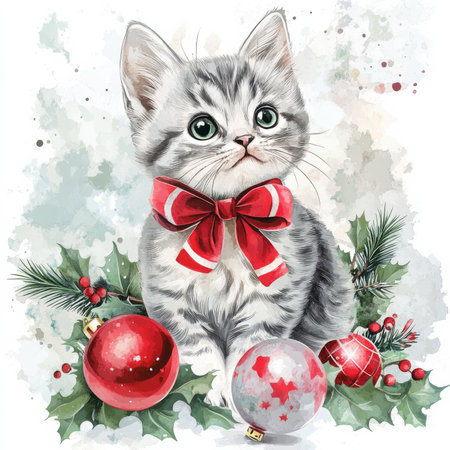 Coquette Christmas kitten illustration, watercolor style. A charming feline with a festive bow sits elegantly among holiday ornaments and mistletoe.の素材