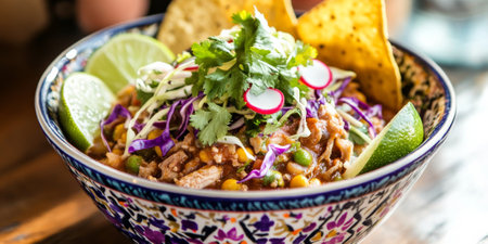 A vibrant Mexican pozole, with a rich hominy and pork stew garnished with shredded cabbage, radishes, lime wedges, and tortilla chips, served in a colorful ceramic bowl. The dish looks hearty and flavorful.の素材