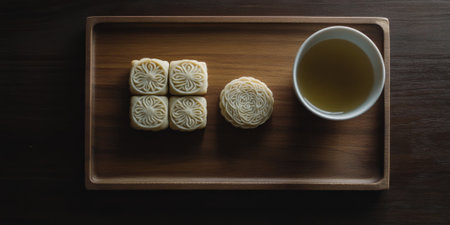 A delicate Chinese mooncake, with intricate designs on the crust and filled with lotus seed paste, served alongside a cup of tea on a wooden tray. The dessert feels festive and traditional.の素材