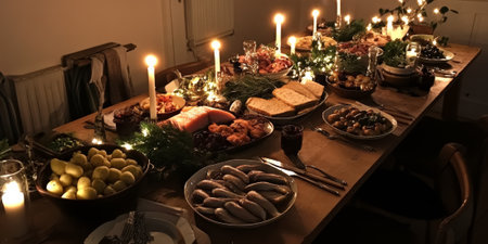 A Swedish smÃÂ¶rgÃÂ¥sbord, featuring pickled herring, cured salmon, meatballs, boiled potatoes, and crispbread, served on a wooden table with candles. The spread feels abundant and festive.の素材