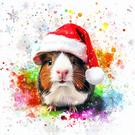 A tiny guinea pig wearing a Santa hat sits among colorful splashes and soft snowflakes, bringing a playful holiday spirit. On white background. Illustration.の素材