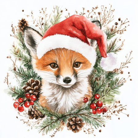 Coquette Christmas fox cub illustration, watercolor. A playful fox adorned with a Santa hat and surrounded by holiday dÃÂ©cor.の素材