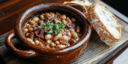 A hearty French cassoulet, with slow-cooked white beans, sausage, duck confit, and bacon, served in a rustic clay pot with crusty bread on the side. The dish feels rich and comforting.の素材