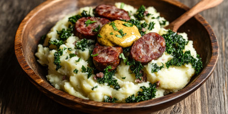 A hearty Dutch stamppot, with mashed potatoes mixed with kale and served with smoked sausage and a dollop of mustard on a rustic wooden plate. The dish feels hearty and traditional.の素材
