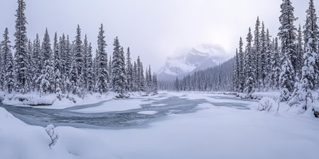 A peaceful winter scene with snow-covered trees and a frozen river. The soft light of an overcast sky adds a serene touch to the landscape.の素材