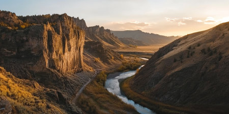 A picturesque canyon with a winding river cutting through it. The towering cliffs are illuminated by the golden light of sunrise.の素材