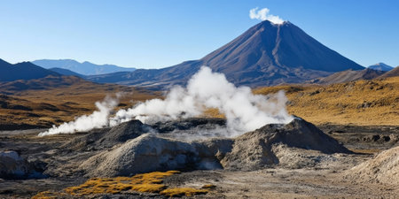 A dramatic volcanic plateau with steam vents and rugged terrain. The barren landscape is dotted with patches of moss, and the distant volcano peak rises into a clear blue sky.の素材