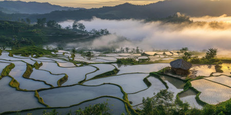 A peaceful rice terrace in Southeast Asia during sunrise. The stepped fields are lush and green, reflecting the golden light. A small farmer's hut sits in the middle, surrounded by mist that adds depth to the layered landscape.の素材