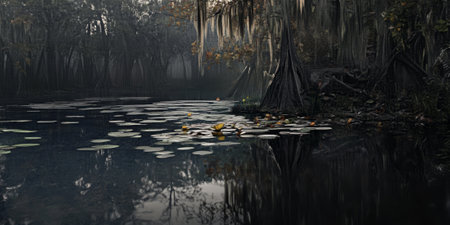 A serene swamp with still, dark water reflecting the surrounding cypress trees. Spanish moss hangs from the branches, and lily pads float on the surface. The scene is quiet and mysterious, with soft light filtering through the trees.の素材