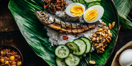 A fragrant Malaysian nasi lemak, with coconut rice, spicy sambal, crispy anchovies, boiled eggs, and peanuts, served with cucumber slices on a banana leaf. The dish looks vibrant and traditional.の素材