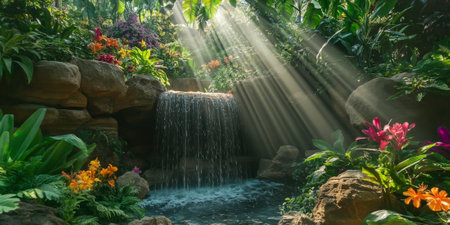 A lush jungle waterfall surrounded by thick greenery and vibrant tropical flowers. The water cascades into a sparkling pool, and beams of sunlight filter through the canopy, creating an enchanting scene.の素材