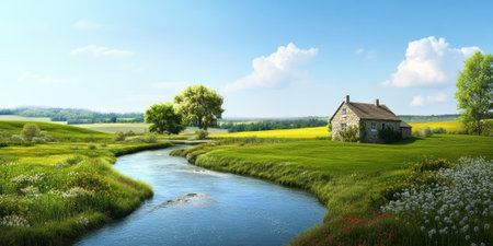 A peaceful countryside scene with rolling hills, a meandering river, and a small stone cottage. The fields are filled with vibrant green grass and wildflowers, and the sky is clear with a few fluffy clouds drifting by.の素材