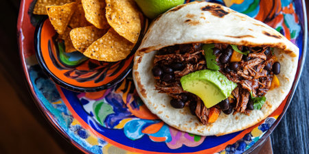 A vibrant Venezuelan arepa filled with shredded beef, black beans, avocado, and cheese, served with a side of plantain chips on a colorful plate. The dish feels hearty and satisfying.の素材