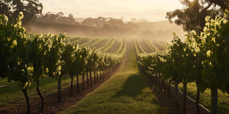 A picturesque vineyard nestled in a hilly region, with rows of grapevines heavy with fruit. The early morning mist lifts as the sun rises, casting soft light over the landscape and highlighting the ripe grapes.の素材