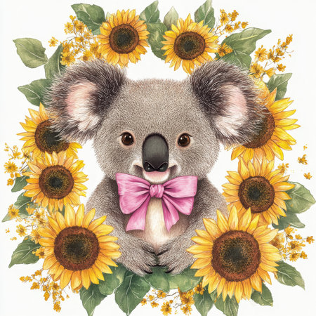 A gentle koala with a pink bow on its ear is surrounded by golden sunflowers, creating a serene and heartwarming image. On white background. Illustration.の素材