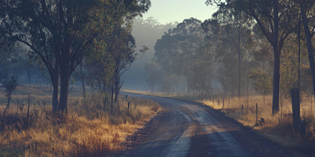 A quiet rural road meaning through a forest in the early morning. The trees on either side of the road are covered in dew, and the soft light of dawn shines through the mist, creating an ethereal atmosphere.の素材