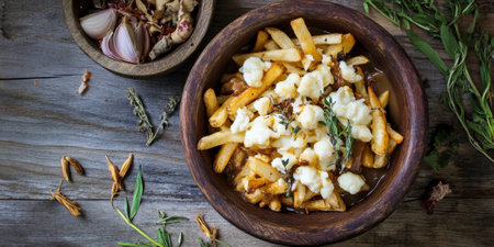 A hearty Canadian poutine, with crispy fries topped with cheese curds and rich gravy, served in a rustic bowl. The dish feels indulgent and comforting.の素材