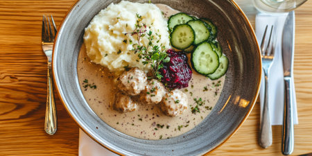 A hearty Swedish meatball dish, with tender meatballs in creamy gravy, served with mashed potatoes, lingonberry jam, and pickled cucumbers on a traditional ceramic plate. The meal feels warm and classic.の素材