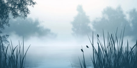 A calm, misty lake at dawn, surrounded by tall reeds and dense forest. The fog creates a dreamlike atmosphere, with only the silhouettes of trees visible. A few birds are perched on the reeds, adding life to the peaceful scene.の素材