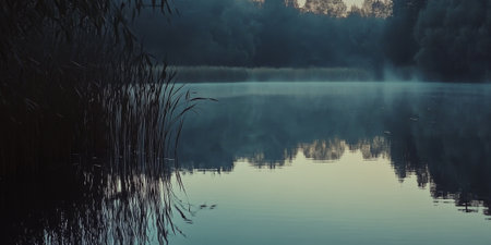 A serene lake at dawn, surrounded by tall reeds and dense forest. The water is perfectly still, reflecting the pastel colors of the sky.の素材